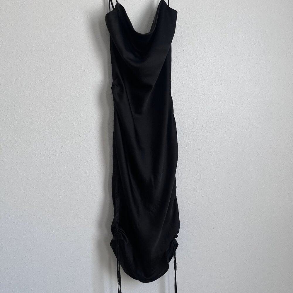 Size M thin strap cowl neck ruched tie sides satin dress
